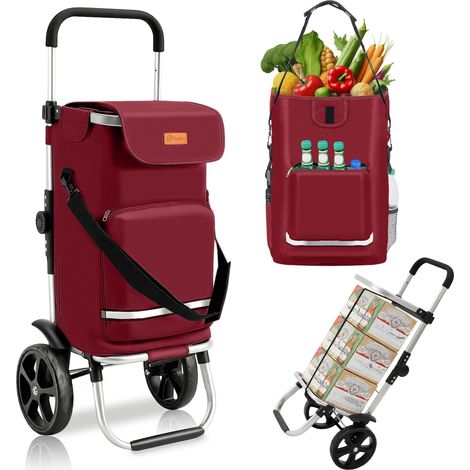 Chariot de Courses Pliable 3 en 1, Caddie Isotherme avec Sangle de Fixation, Sac Bandoulière et Porte-Bouteille, Trolley/Diable Pliable pour Courses, Camping – Rouge (1/5)
