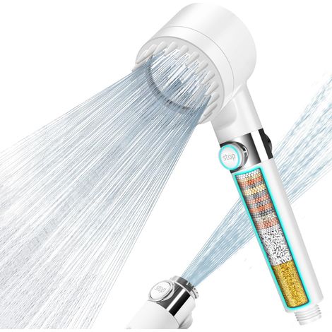 Pommeau de Douche Anti Calcaire avec 15 Étapes Filtre et avec Tuyau 1,5M, Filtre Douche 3 + 1 Types de Jets Pommeau Économie Deau Haute Pression - Blanc (1/5)