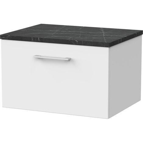 Pershall Contemporary Wall Hung 1 Drawer Vanity Unit with Black Pietra Marble Laminate Worktop, 600mm, Matt White
