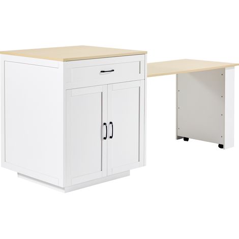 Table haute extensible avec rangement (133-202×70×93,5cm), avec 2 tiroirs et 2 compartiments, table îlot de cuisine extensible, pour 2-6 personnes, desserte cuisine-salle à manger avec étagères latéra