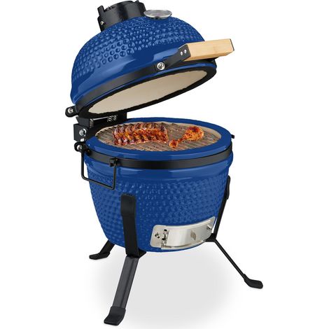 Relaxdays Barbacoa de Carbón Kamado, 26 cm Ø, Parrilla Cerámica con Termómetro hasta 450°C, BBQ, Asar, Color a Elegir
