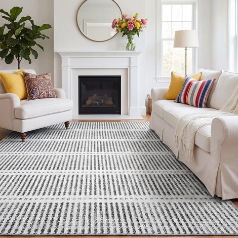 Tribesigns Tapis moderne 200 x 300 cm pour salon, chambre à coucher et salle à manger, tapis doux et antidérapant, ultra fin, style rustique rayé, certifié Oeko-Tex, gris