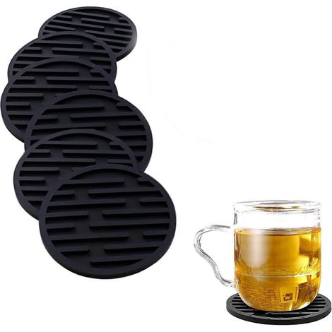 Dessous de verre rond en silicone de 10 cm de diamètre, isolant anti-brûlure, à rayures, pour évier (noir), lot de 6 (1/5)