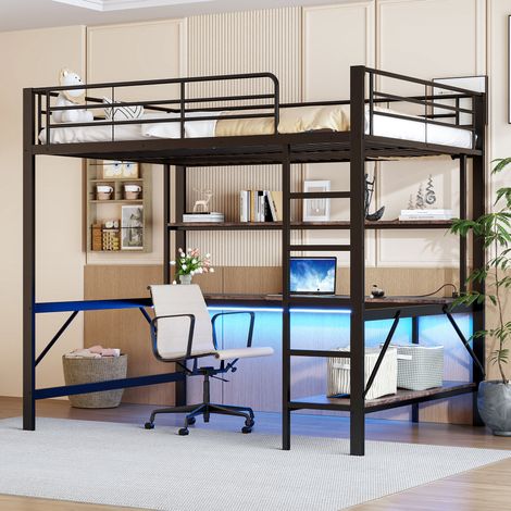 Lit mezzanine moderne 140x200 cm en métal noir avec bureau, étagères, échelle, garde-corps, LED, USB et prise (1/5)