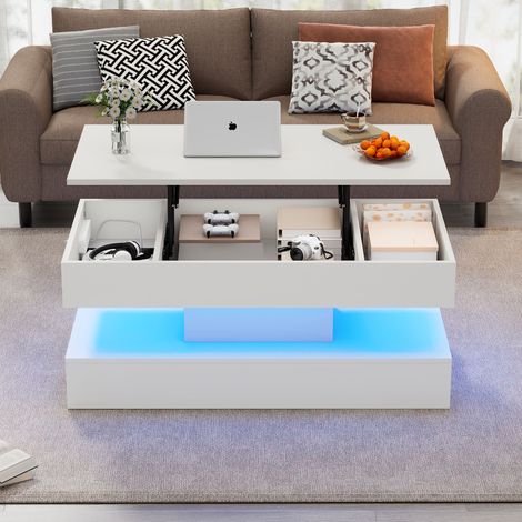 Couchtisch 100x50x42 cm weiß aus Spanplatte mit höhenverstellbarer Platte, LED-Beleuchtung und verstecktem Stauraum (1/5)