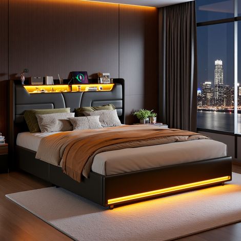 Lit Coffre 140x190cm, LED Lit 2 place, Lit avec Rangement Hydraulique, Applicable à Chambre est Petite, Lrangements sont Limités Manque  Considérablement Soulager Pression Rangement (1/5)