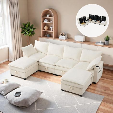 Canapé modulable 6 places en U avec port USB et rangement,canapé d'angle en L avec repose-pieds amovible et porte-gobelet,poches latérales(Beige) (1/5)