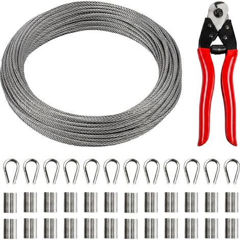 3mm Câble en Acier Inoxydable,Kit de Suspension 30m en Acier Inoxydable avec 1 Sertisseur,24 Manchons,12 Dés à Coudre,Construction 7x7,Cable pour Les Cordes à Linge,Lumières Suspendues,Clôture (1/5)