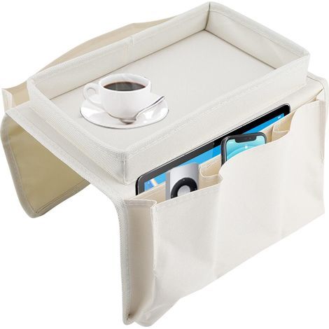 (Beige) Organizer per telecomando TV da appendere al bracciolo del divano, borsa portaoggetti per divano con vassoio portabicchieri, vassoio portaoggetti per divano (1/5)