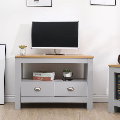 FURNITURE HMD Corner TV Stand Cabinet TV Unit with 2  Drawers,Grey-85x39x58cm(WxDxH) (1/5)