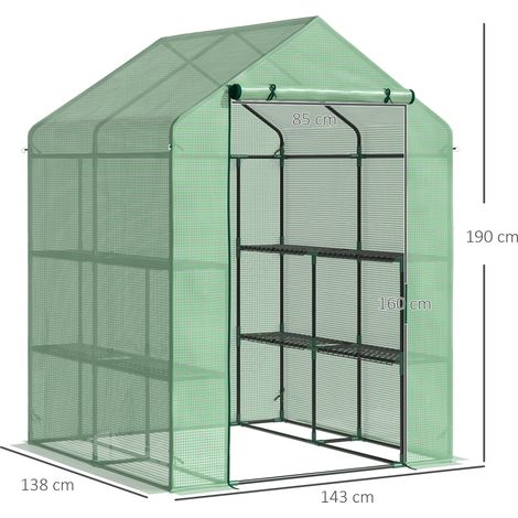 Serre de plain-pied avec 8 étagères pour tomates, en acier et plastique PE, verte, avec porte pour un entretien optimal des plantes (1/5)