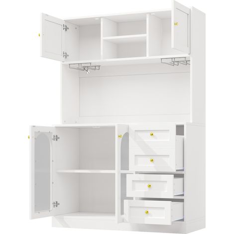 Buffet en MDF blanc avec LED, 120x40x188 cm, 4 portes à verre cannelé, style campagne (1/5)