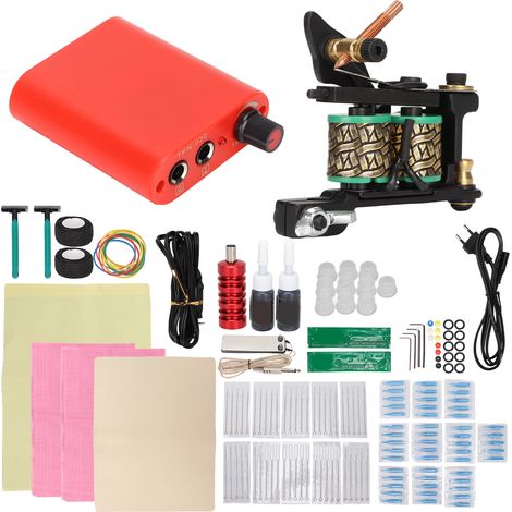 Machine à tatouer demi-lune à bobine rouge, mini kit d'alimentation pour débutant, kit d'outils complet pour tatouage d'entraînement, norme européenne (1/5)