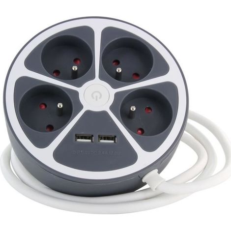 Blocksteckdose - CHACON - 4 x16 A + 2 USB-1 - 1,5 m - (FR) - Grau