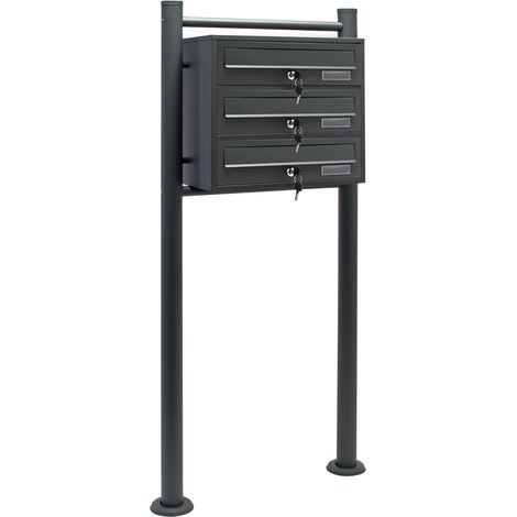 Wiltec 3er Briefkastenanlage Anthrazit 556 x 270 x 1200 mm, Standbriefkasten mit 3 Fächern, Schlüssel und Namensschild, Briefkasten Postkasten mit Ständer (1/5)