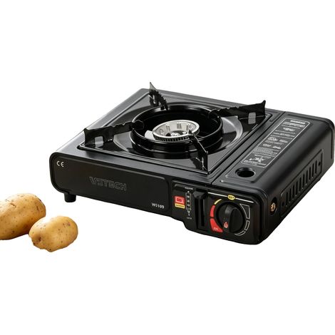 Fornello a gas portatile, a un bruciatore, per cucinare all'aperto, nero. (1/2)
