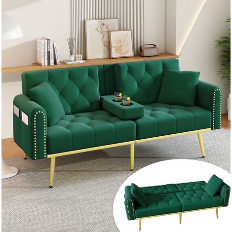 Canapé convertible 2 places velours vert porte-gobelet OKMYHOME (1/5)