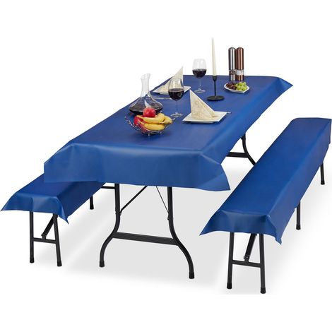 Relaxdays Tovaglie per Tavoli e Panche da Birreria, in Set da 3, Misure LxP 100 x 250 cm, 2 Copri Panca, Lavabili, Blu (1/5)