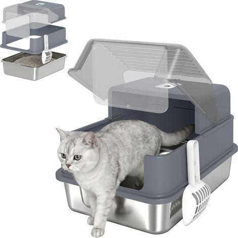 Maison de toilette pour chat en acier inoxydable grise, bac à litière fermé 2-en-1 avec couvercle et pelle, grand modèle. (1/5)