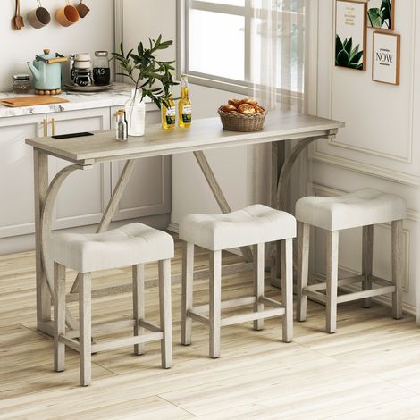 Ensemble de Table de Bar 4 Pièces avec Prise de Courant à Hauteur de Comptoir Tabourets Rembourrés Gris (1/2)