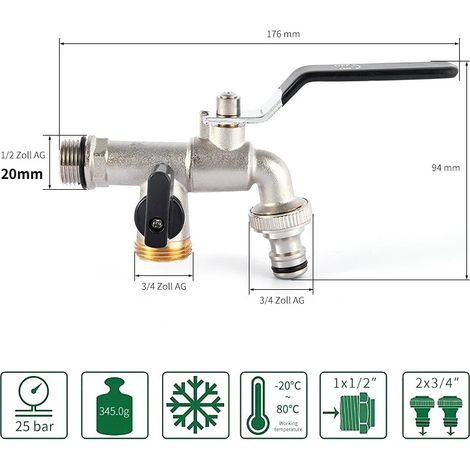 Robinet de jardin extérieur (2 entrées d'eau DN15), antigel, double commande en cuivre pour lave-linge et évier de jardin 1/2 (1/4)