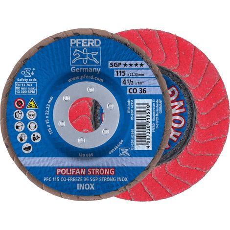 PFERD TOOLS POLIFAN STRONG Fächerscheibe PFC 115x22,23 mm konisch CO-FREEZE 36 SGP INOX für Edelstahl (1/4)