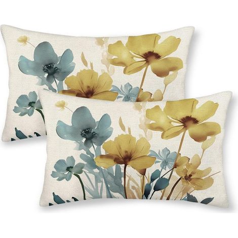 Leinenkissenbezug mit Blumenmuster, 30 x 50 cm, Landhausstil, gelb, 2er-Set, für Sofa und Außenbereich (Frühling/Sommer). (1/5)