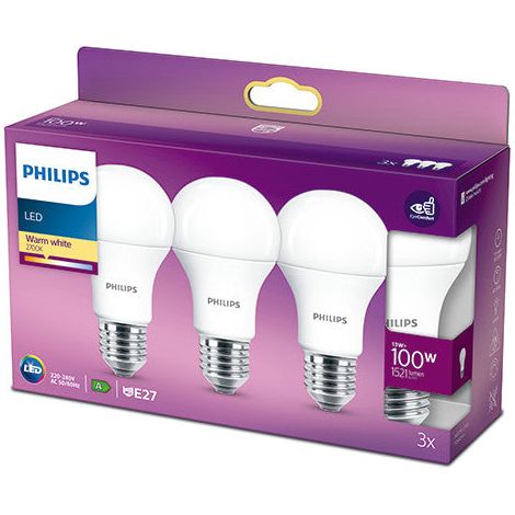 Pack 3 Bombilla LED Philips E27 A60  13W 1521Lm 2700K [PH-929001234535