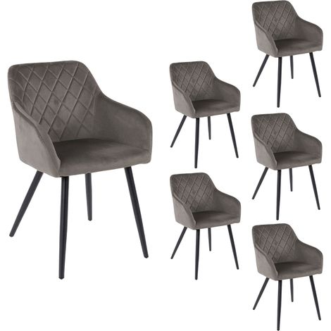 M&S – Lot de 6 chaises en velours gris 59x56x82 cm – Assise rembourrée – Pieds en métal noir – Pour salle à manger moderne
