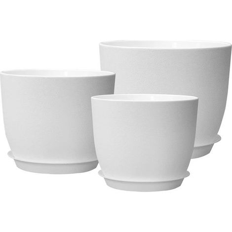 Pots de fleurs en plastique de 19 cm avec trous de drainage et soucoupes, lot de 3, pots de fleurs décoratifs modernes, blancs. (1/5)