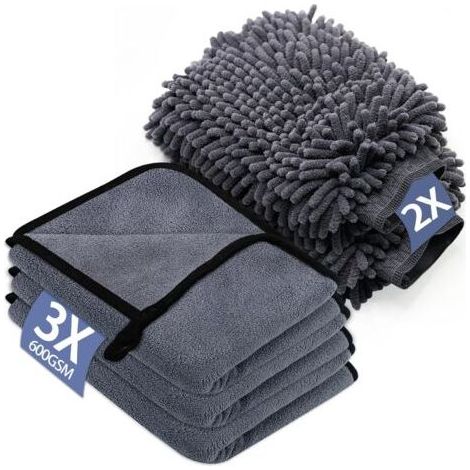Kit Nettoyage Voiture 3 Pack Chiffon Microfibre Voiture & 2 Pack Gant Lavage Microfibre, 600 GSM Microfibre Sechage pour Nettoyer Les Voitures (40 x 30 cm) (1/5)