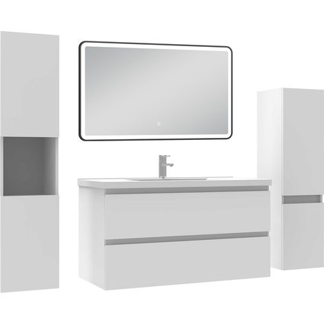 Acezanble Meuble Salle de Bain 100cm avec colonne + miroir lumineux 3 couleurs blanc (1/5)