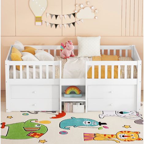 Cama semialta 90/200 cm blanca de pino y MDF con 4 cajones y barandilla (1/5)