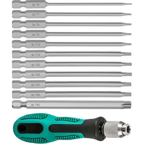 Tournevis Torx, 100 mm Embout Visseuse Long avec Poignée, T6-T40 Acier Magnétiques Embouts Torx Jeu de Tournevis, 1/4" Tige Hexagonale Tournevis Etoile avec Trou (1/5)