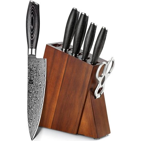7 Piece Damascus Steel Knife Block Set, Chef Santoku Universal Slicing Paring, Multifunctional Kitchen Scissors, Pakkawood Handle -Ya Series (1/5)