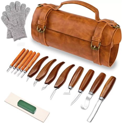 17-teiliges Holzschnitzwerkzeug-Set mit Ledertasche, bestehend aus 3 Meißeln, 8 Schnitzmessern und 5 Detailmessern. (1/2)