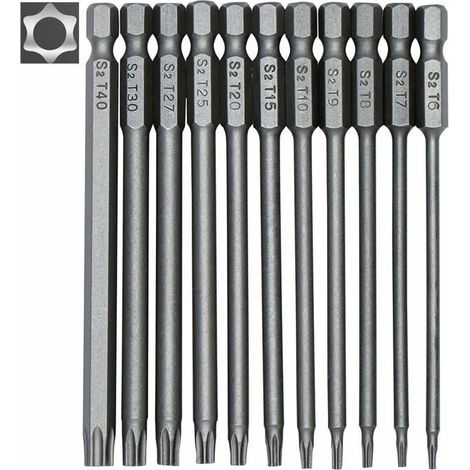 Jeu de 11 embouts Torx T6-T40 Acier allié S2 Longueur 100 mm Tige hexagonale magnétique 1/4" (1/5)