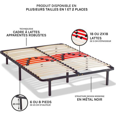 Sommier cadre à lattes 160 x 200 cm – 25 cm de hauteur – 18 lattes en peuplier – Ajustement de fermeté lombaire – Métal époxy gris – Maison Aubertin (1/5)