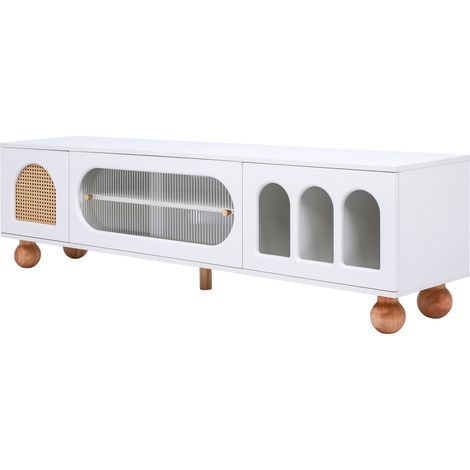 Meuble TV avec portes en imitation rotin, portes vitrées et poignées dorées, 170x47x37 cm, pieds en bois massif (1/5)