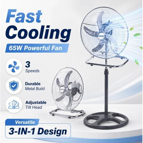 Ventilateur industriel métal 3 en 1 65W, 3 vitesses, 125x50 cm, sur pied/table/mural, puissant débit d’air, idéal maison, garage, entrepôt (1/5)