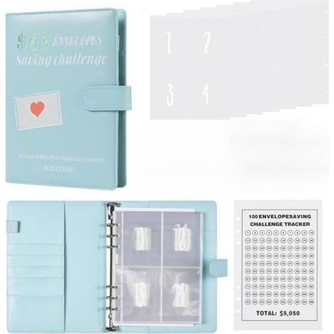 Classeur A5 - Anneaux Métalliques - Pour Organisation Budgétaire et Épargne - 100 Enveloppes Cuir PU (1/4)