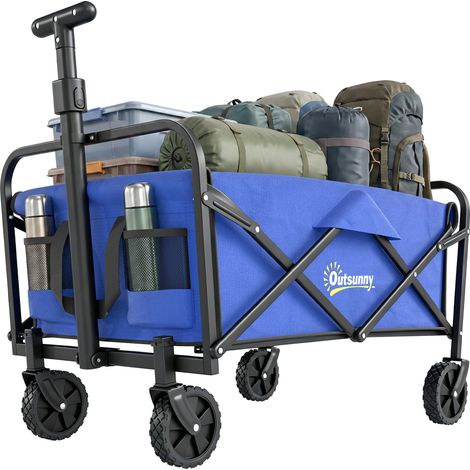 Chariot de jardin pliable à roulettes, poignée télescopique réglable, capacité de charge de 100 kg, idéal pour le camping et les courses, 64 x 42 x 27 cm, bleu (1/5)