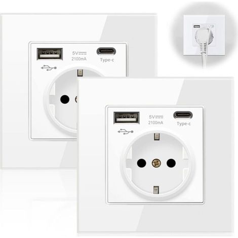 2 Pièces Prise Murale Avec USB et Type C, Prise de Courant Avec Protection Contre Les Surintensités, Prise de Courant Universelle, 86 mm Blanc (1/5)