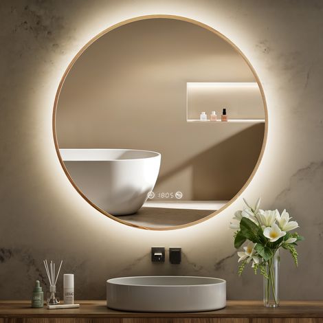S'AFIELINA Runder Badspiegel LED Badezimmerspiegel mit Beleuchtung,Wandspiegel mit TouchSchalter und Beschlagfrei Taste Neutralweißes Licht,Digitaluhr,IP44 Goldener Metallrahmen 70 cm (1/5)