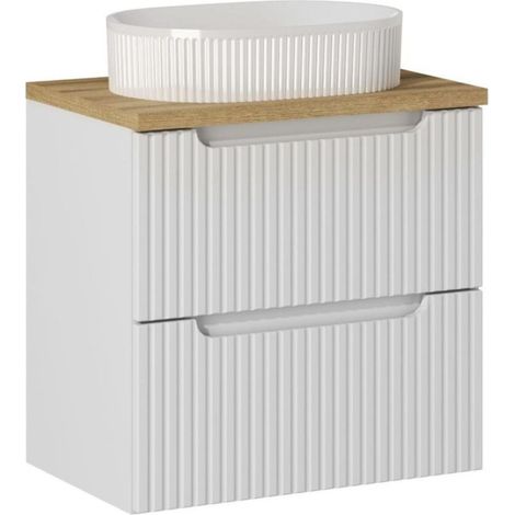 Ensemble VANO weiß 60cm: Unterschrank mit Schubladen + Platte für Waschbecken in hellem Eichenlook + geriffeltes Aufsatzwaschbecken in Weiß