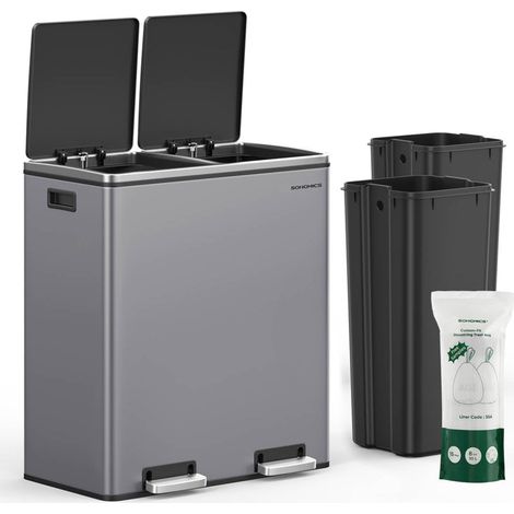 Poubelle 2 pédales poubelle avec double compartiment 2 x 30 litres anti-traces de doigts inox seau intérieur plastique avec poignée gris (1/5)