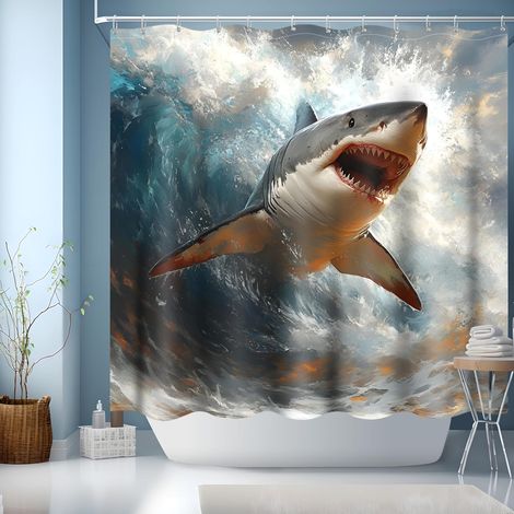 Rideau Douche 180x180,Rideau de Douche Lavable en Machine,Rideau Douche Tissus Lavable Rideau Baignoire pour Salle de Bain Domicile Baignoire Famille,Requins(180x180cm) (1/5)