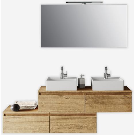 Mobile bagno sospeso doppio lavabo con specchio 8 pezzi Astra - Rovere