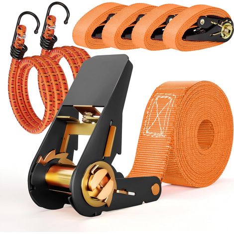 4 x Ratchet Straps 4 m, Tie Down Straps 1000 kg, 2 Pieces Motorcycle Straps with Hook, for Cars, Trolleys, Motorcycles, Luggage, Camping, Fixed Loads