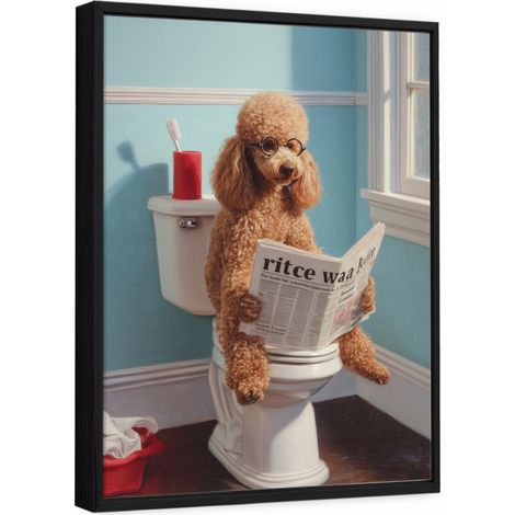 Tableau sur toile avec cadre noir – Chien drôle aux toilettes – 60 x 40 cm (1/4)